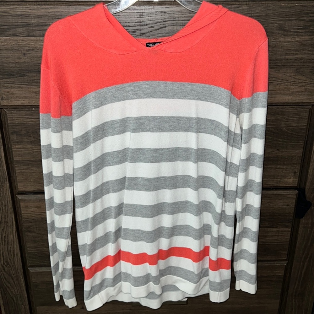 Coral and gray/white striped hoodie